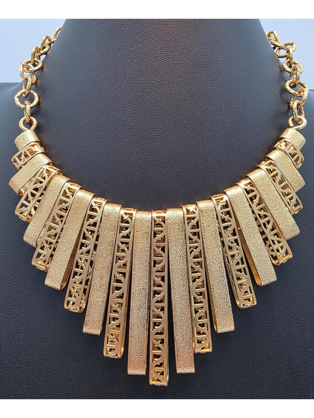 Vintage Gold Cleopatra Egyptian Revival Collar Necklace, Latticework, Marked FL